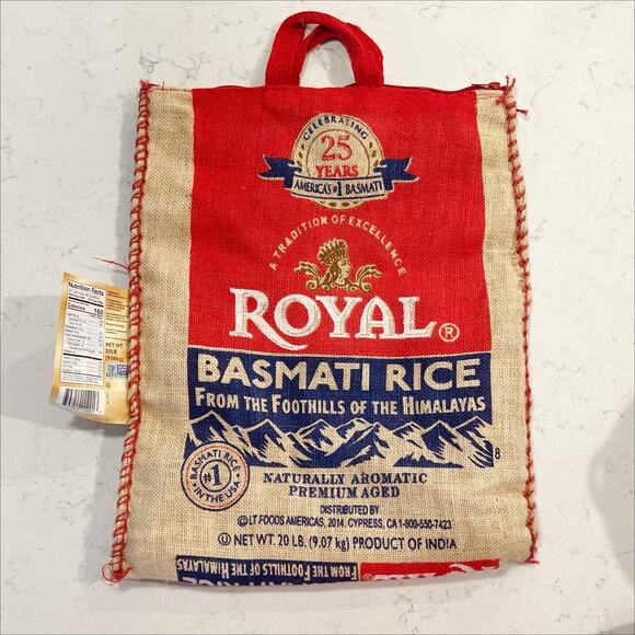 New Royal Basmati Rice 25th Anniversary 20lb Burlap Zippered Sack, no rice - Picture 1 of 2